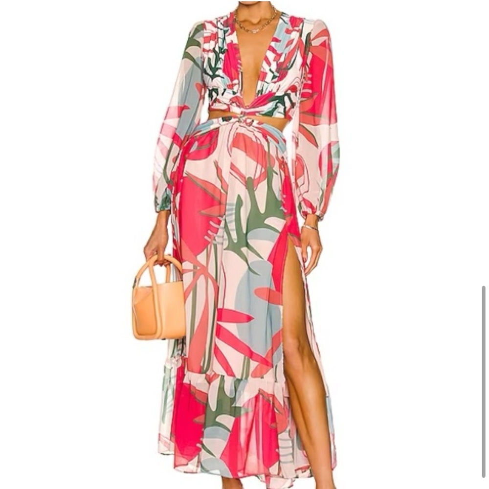 PatBO Large Rio Print Cut Out Maxi Dress Pink Resort Beach NWT Floral Chiffon